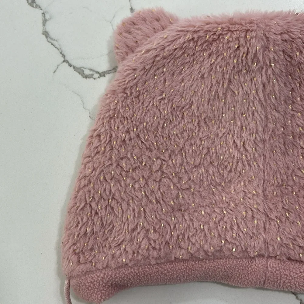 Girls Kids Pink Bear Ears Fleece Winter Hat Gold Flecks Pom Poms Size 52 (6 5/8)